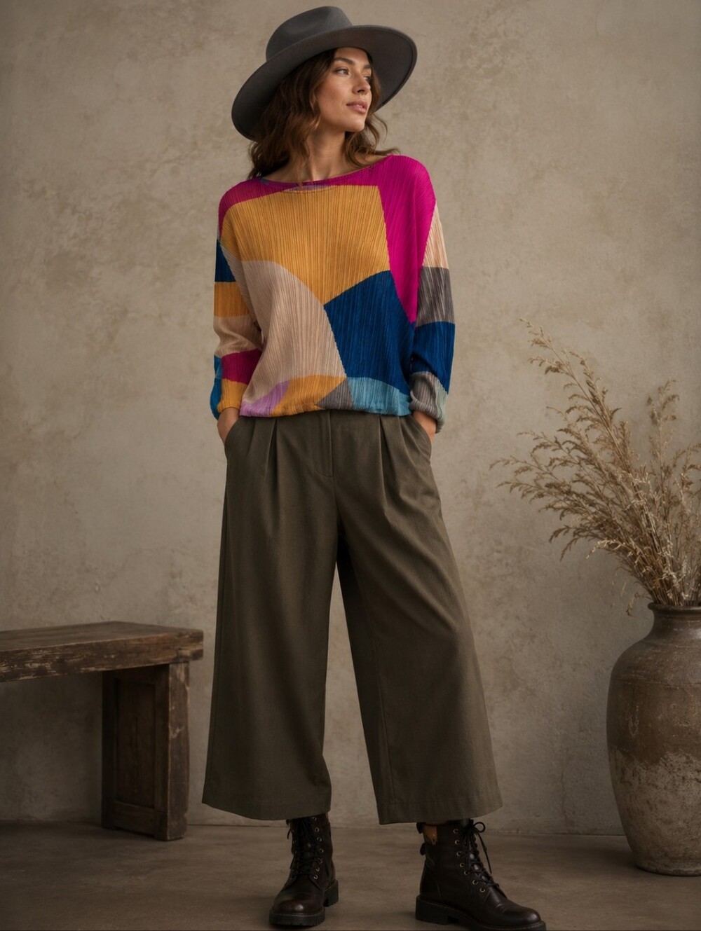 Colorblock Issei Miyaki- Like Pleated Long Sleeve Top - Multicolor Size M